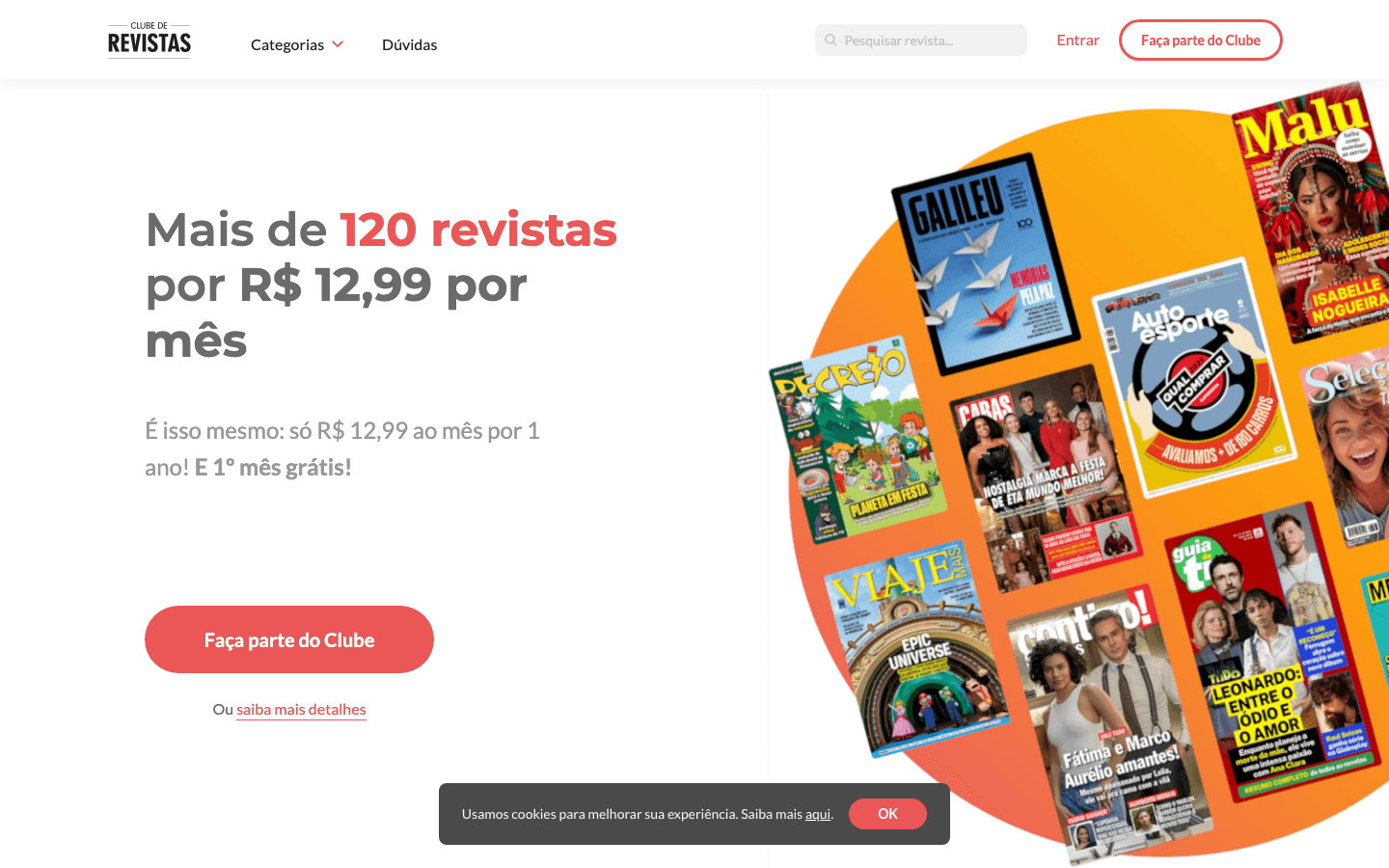 Página inicial do Clube de Revistas, com a oferta de assinatura e o carrossel de títulos em destaque