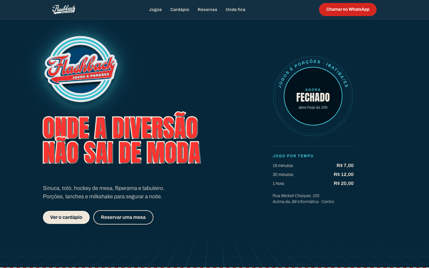 Página inicial do site da Flashback, com os preços de jogo por tempo e o estado de aberto ou fechado