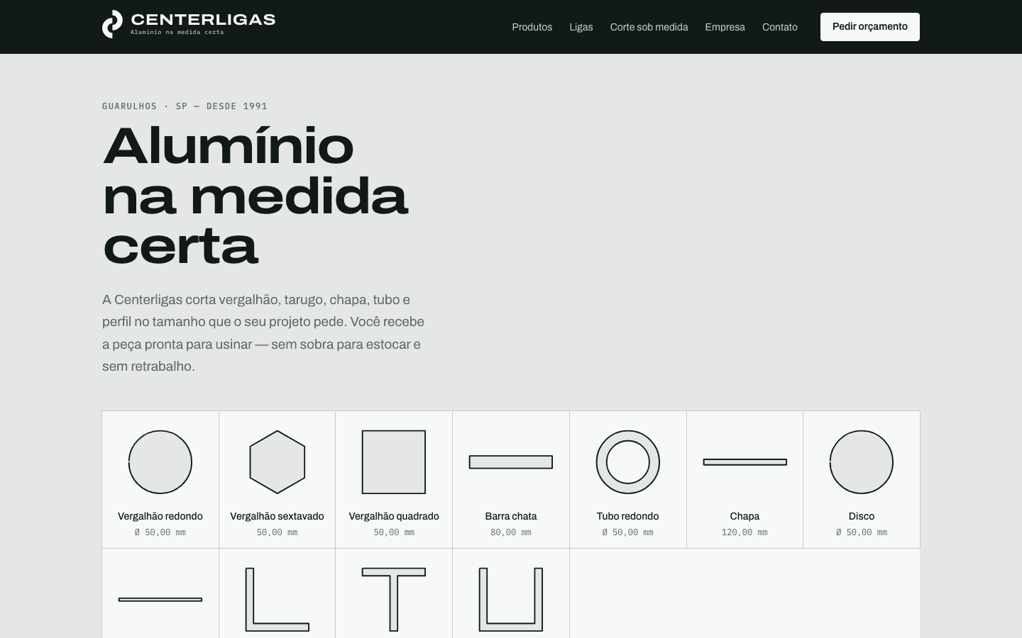 Página de uma liga de alumínio no site da Centerligas, com a tabela técnica e a calculadora de peso
